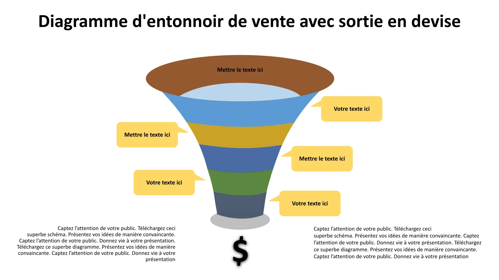 Diagramme d'entonnoir de vente avec modèle PowerPoint de sortie de devise